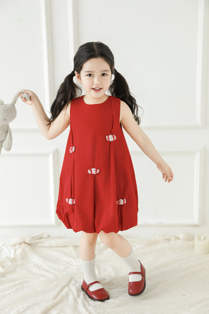 Girls Bubble Hem Candy Bow Dress, Berry Red