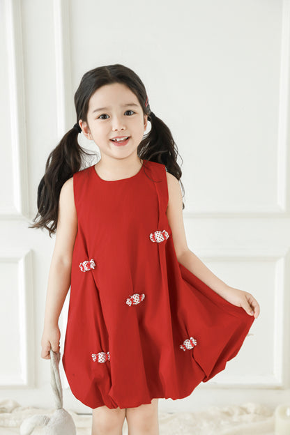 Girls Bubble Hem Candy Bow Dress, Berry Red
