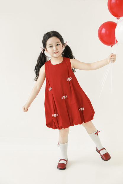 Girls Bubble Hem Candy Bow Dress, Berry Red