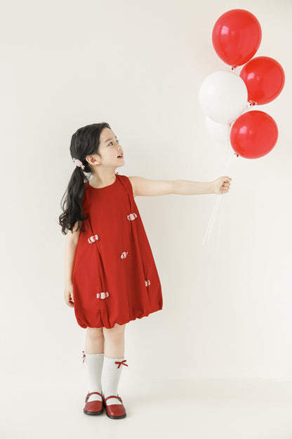 Girls Bubble Hem Candy Bow Dress, Berry Red