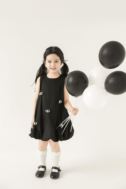 Girls Bubble Hem Candy Bow Dress, Midnight Black
