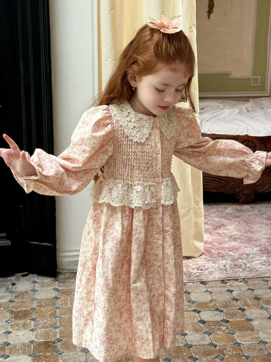 Girls Lace Collar Smocked Dress, Pink Floral
