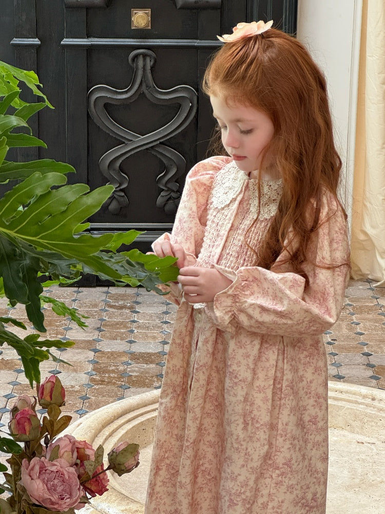 Girls Lace Collar Smocked Dress, Pink Floral