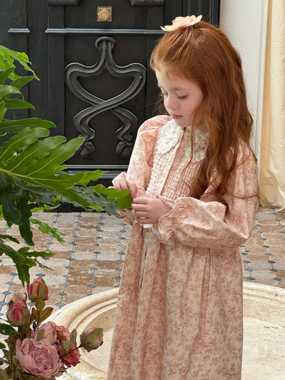 Girls Lace Collar Smocked Dress, Pink Floral