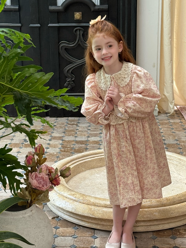 Girls Lace Collar Smocked Dress, Pink Floral