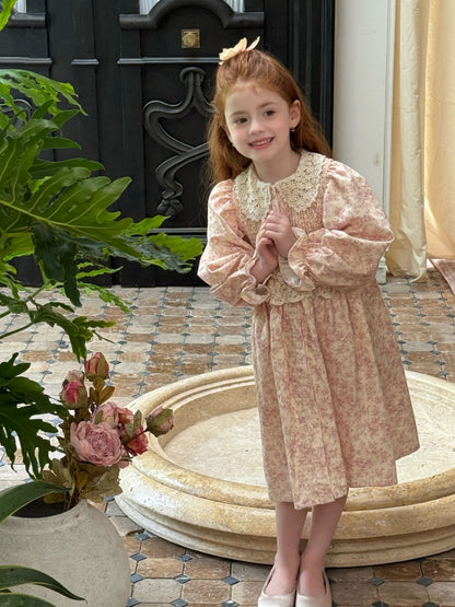 Girls Lace Collar Smocked Dress, Pink Floral
