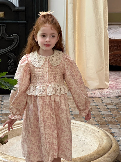 Girls Lace Collar Smocked Dress, Pink Floral
