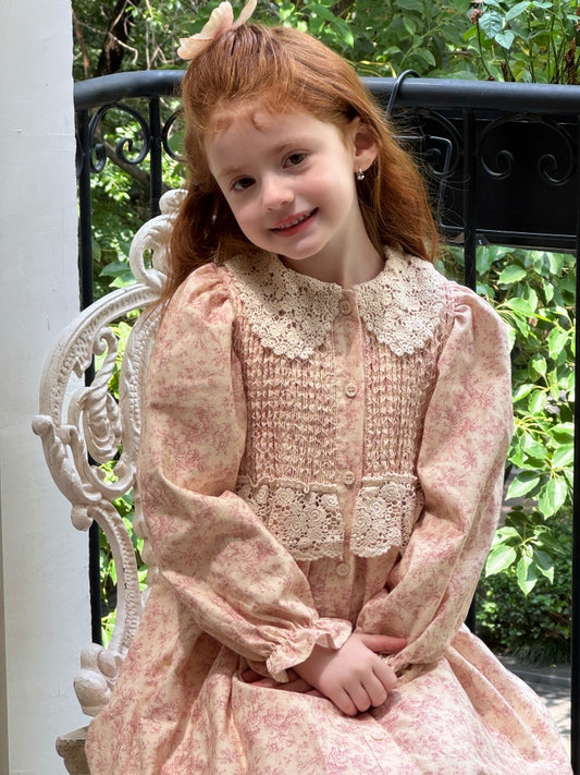 Girls Lace Collar Smocked Dress, Pink Floral