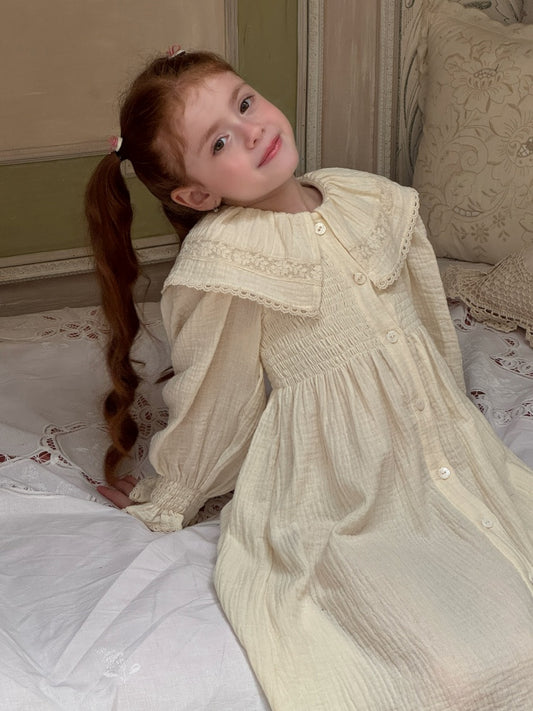 Girls Lace Collar Smocked Muslin Dress, Ivory