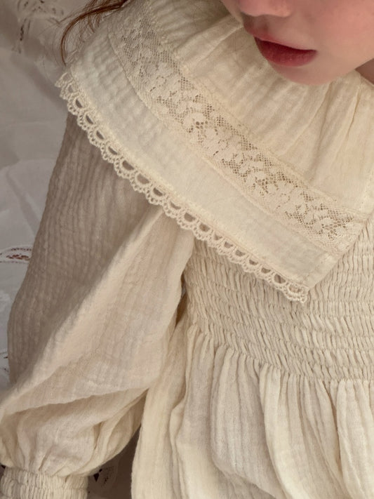 Girls Lace Collar Smocked Muslin Dress, Ivory