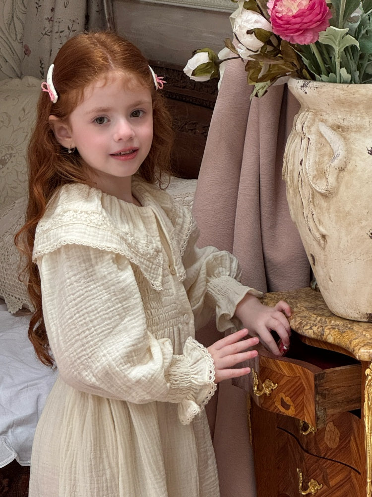 Girls Lace Collar Smocked Muslin Dress, Ivory