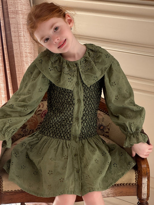 Girls Smocked Broderie Button-Front Dress, Moss Green