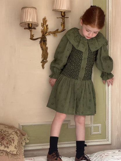 Girls Smocked Broderie Button-Front Dress, Moss Green
