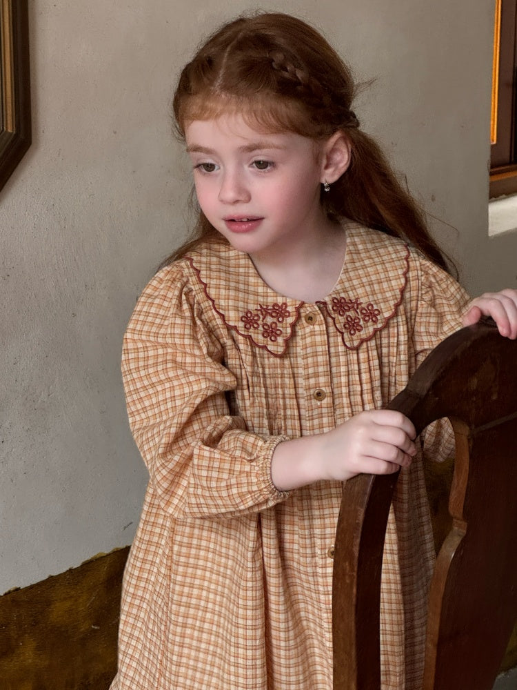 Girls Embroidered Collar Plaid Dress, Peach & Cream