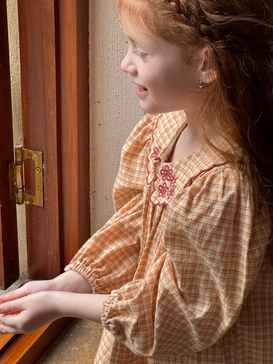 Girls Embroidered Collar Plaid Dress, Peach & Cream