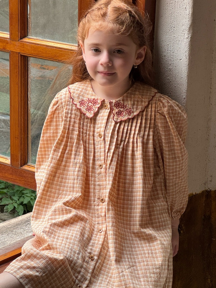 Girls Embroidered Collar Plaid Dress, Peach & Cream
