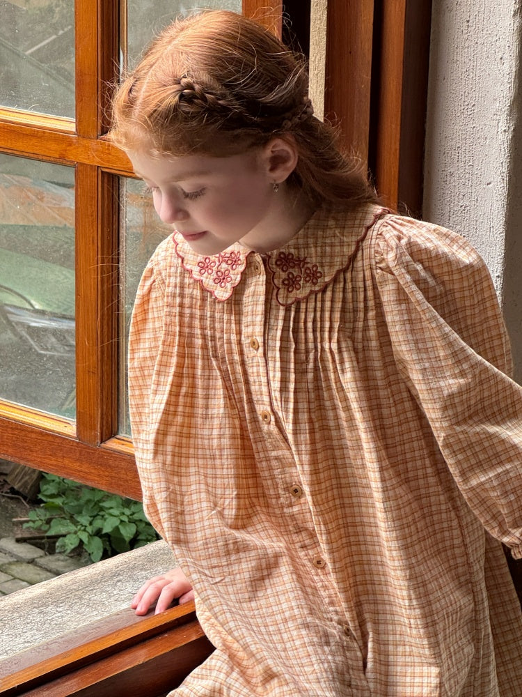 Girls Embroidered Collar Plaid Dress, Peach & Cream