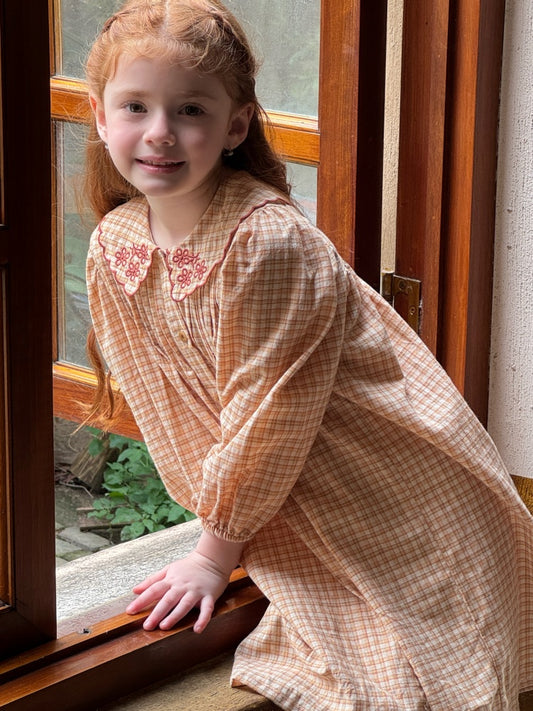 Girls Embroidered Collar Plaid Dress, Peach & Cream