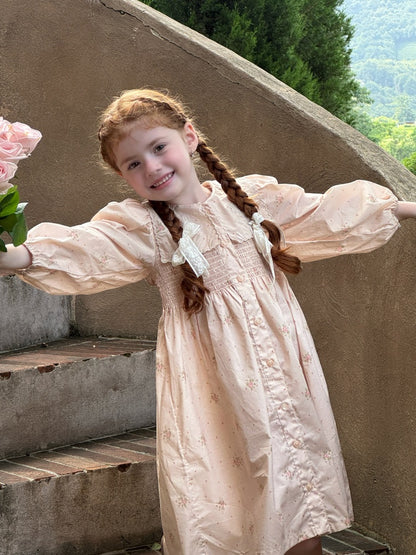 Girls Collared Button-Front Smock Dress, Pink Floral