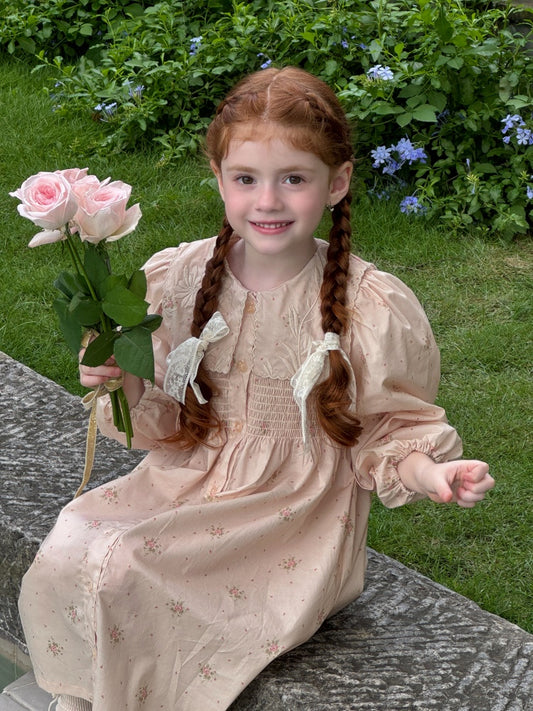 Girls Collared Button-Front Smock Dress, Pink Floral