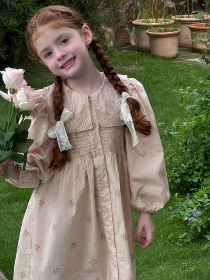 Girls Collared Button-Front Smock Dress, Pink Floral