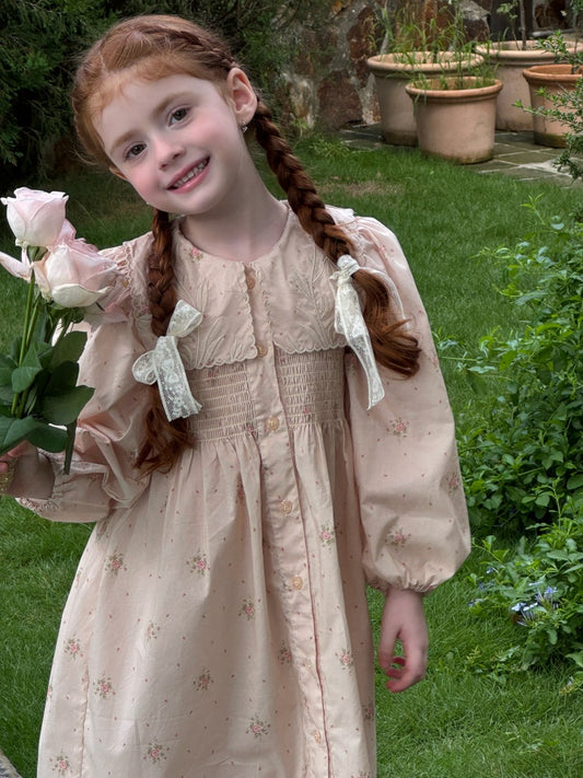 Girls Collared Button-Front Smock Dress, Pink Floral