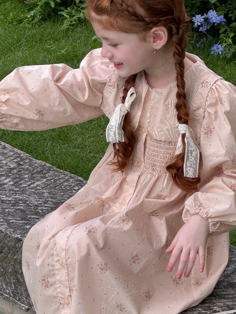 Girls Collared Button-Front Smock Dress, Pink Floral