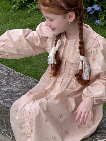 Girls Collared Button-Front Smock Dress, Pink Floral