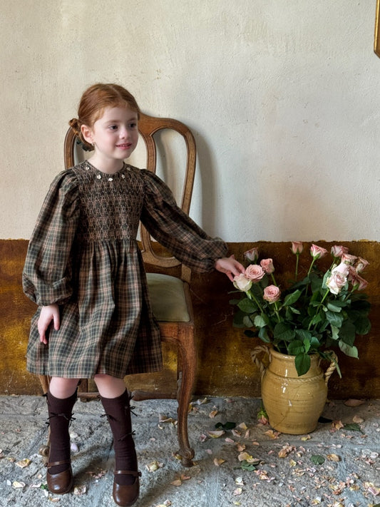 Girls Smocked Plaid Dress, Olive & Beige