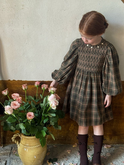 Girls Smocked Plaid Dress, Olive & Beige