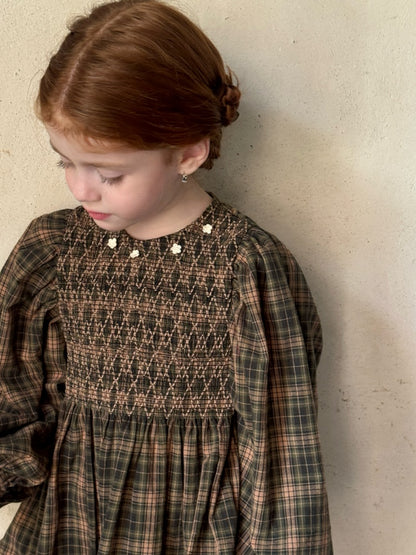Girls Smocked Plaid Dress, Olive & Beige