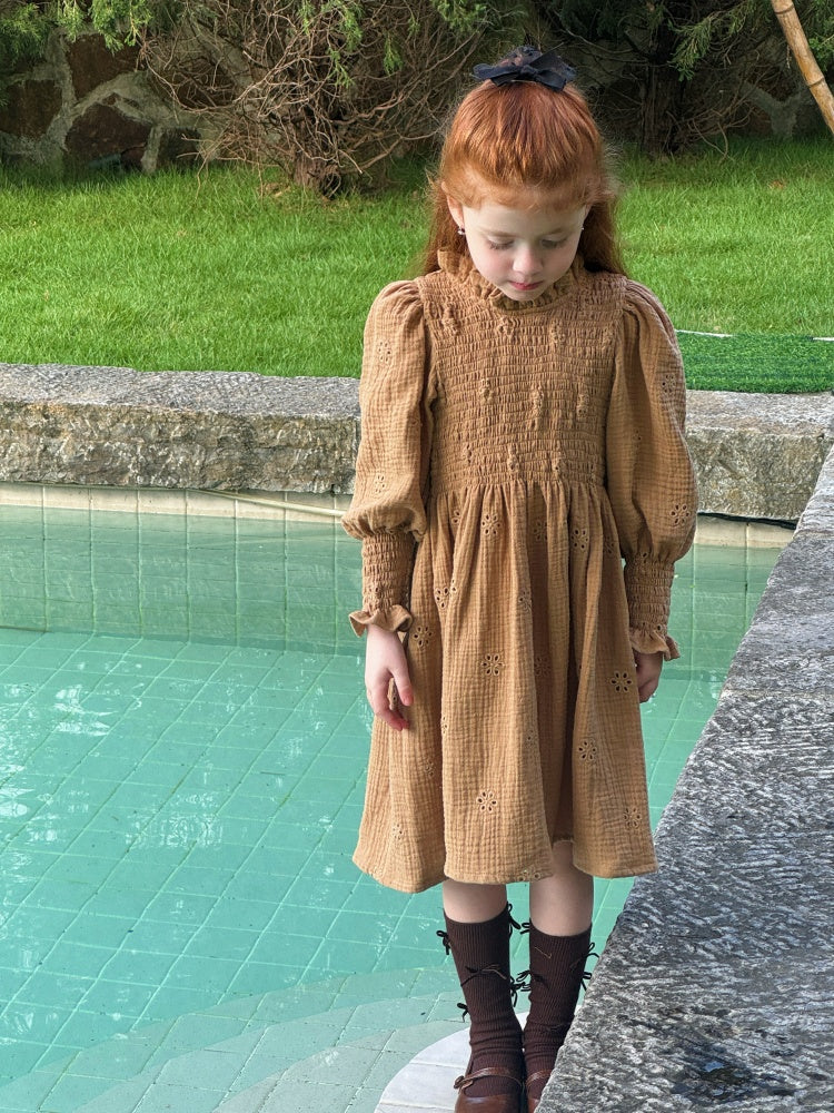 Girls Broderie Muslin Smocked Dress, Caramel