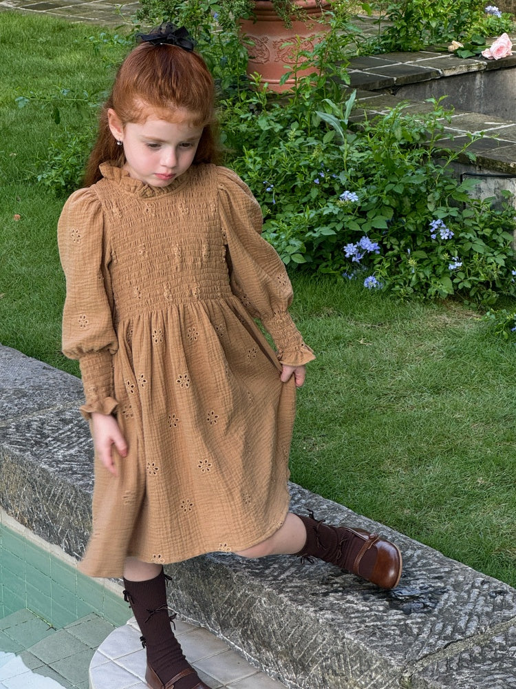 Girls Broderie Muslin Smocked Dress, Caramel