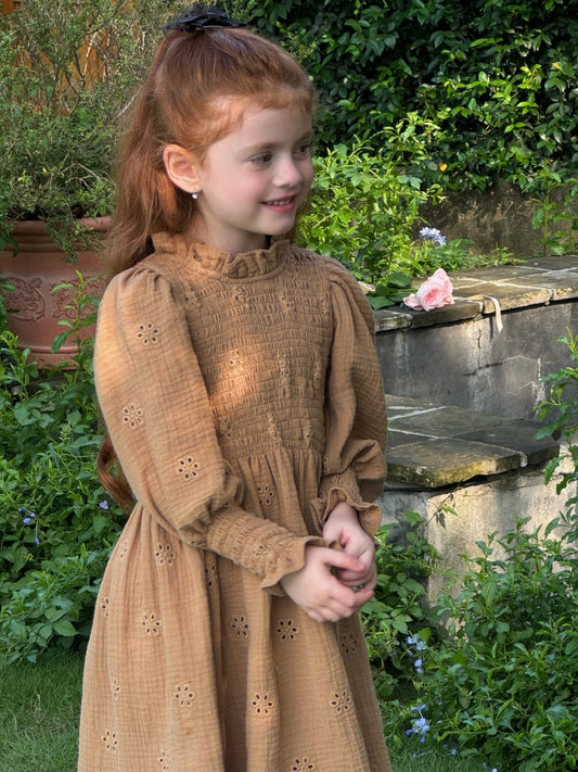 Girls Broderie Muslin Smocked Dress, Caramel