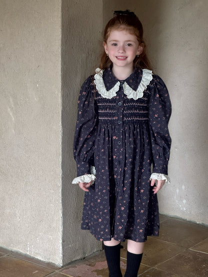 Girls Smocked Lace Detailed Dress, Navy Floral