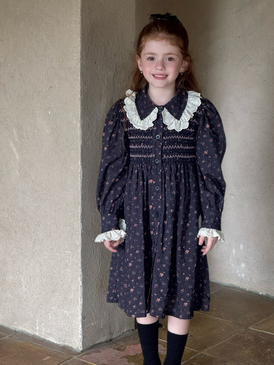 Girls Smocked Lace Detailed Dress, Navy Floral