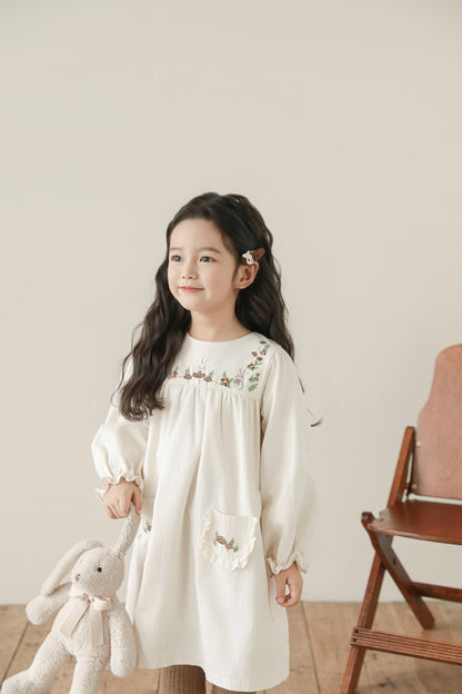 Girls Woodland Embroidered Dress, Ivory