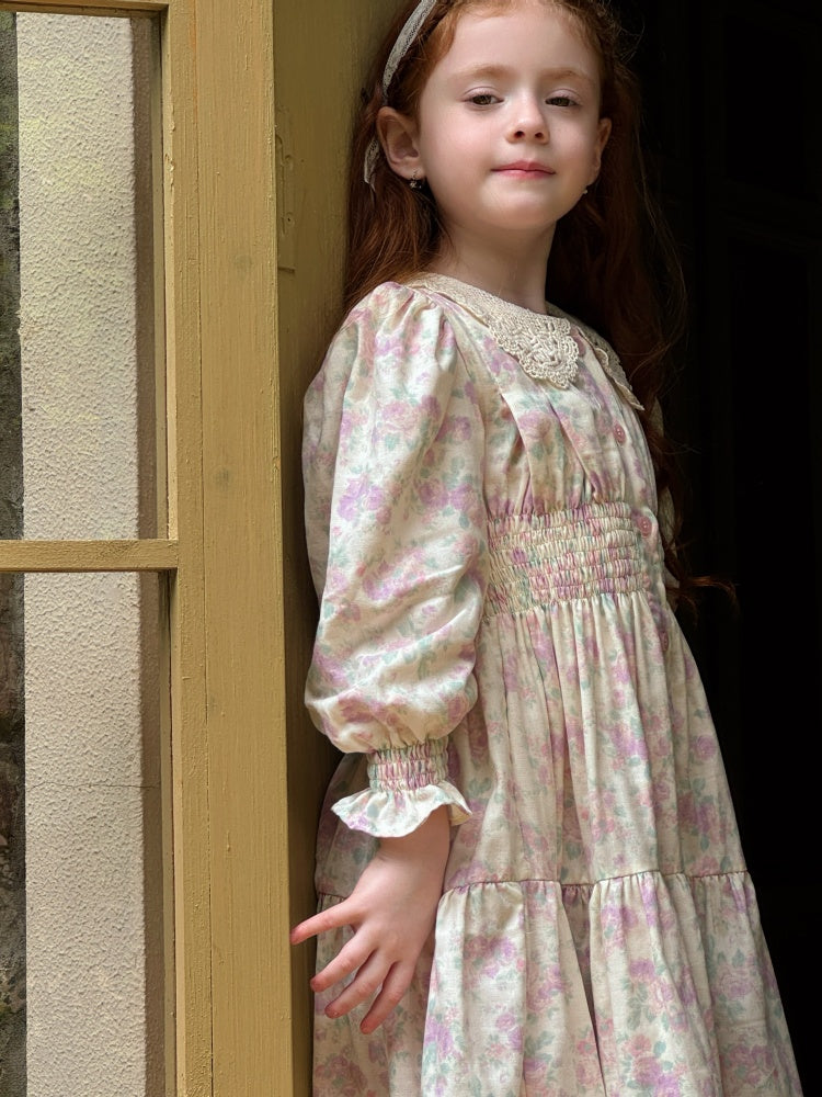 Girls Lace Collar Smocked Dress, Cream & Pastel Floral