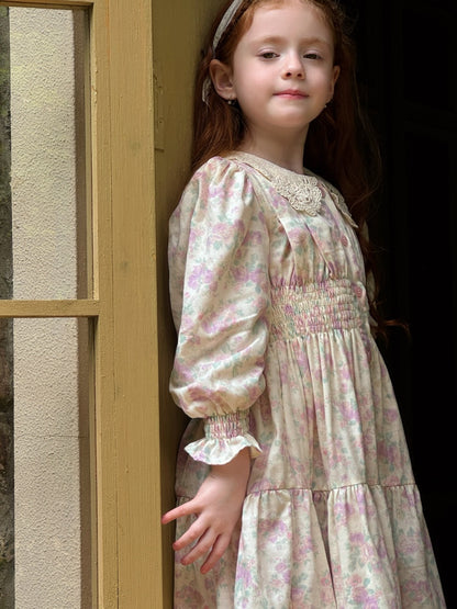Girls Lace Collar Smocked Dress, Cream & Pastel Floral
