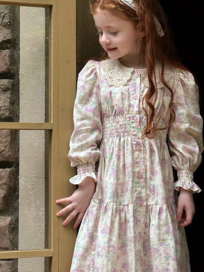 Girls Lace Collar Smocked Dress, Cream & Pastel Floral