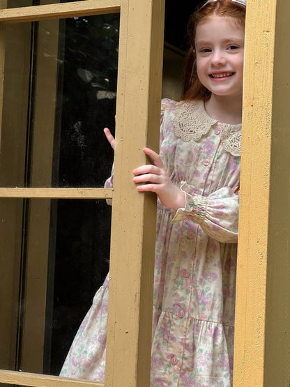 Girls Lace Collar Smocked Dress, Cream & Pastel Floral