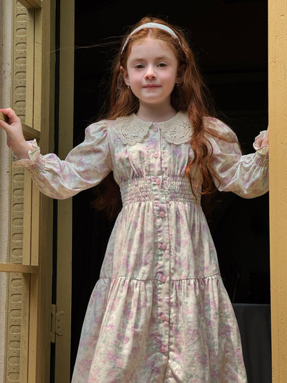 Girls Lace Collar Smocked Dress, Cream & Pastel Floral