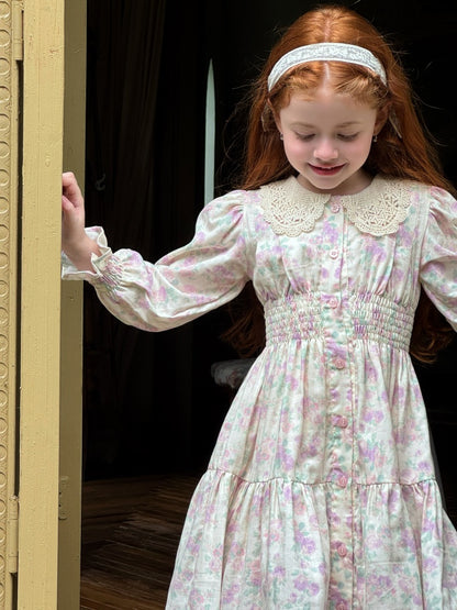Girls Lace Collar Smocked Dress, Cream & Pastel Floral