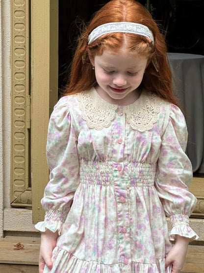Girls Lace Collar Smocked Dress, Cream & Pastel Floral
