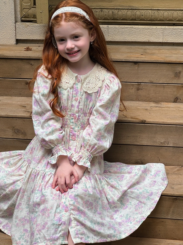 Girls Lace Collar Smocked Dress, Cream & Pastel Floral