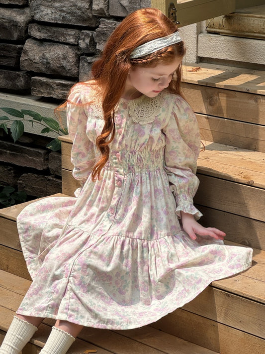 Girls Lace Collar Smocked Dress, Cream & Pastel Floral