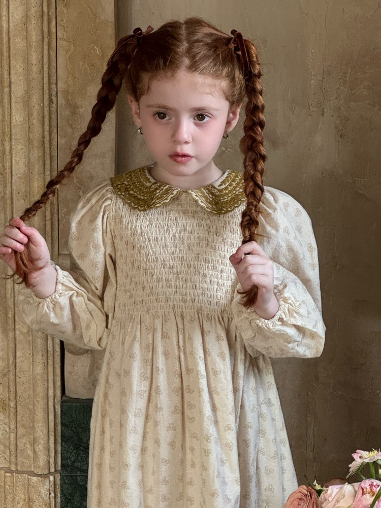 Girls Velvet Collar Smocked Dress, Cream & Olive