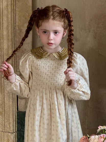 Girls Velvet Collar Smocked Dress, Cream & Olive