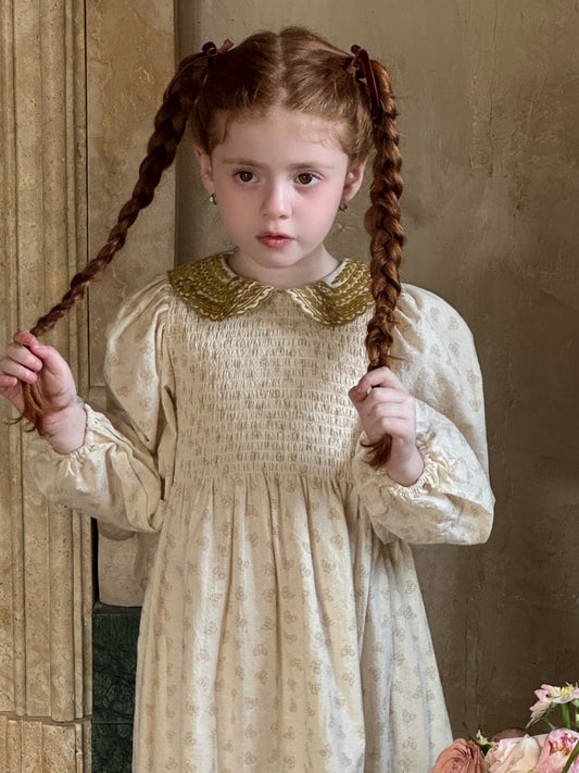 Girls Velvet Collar Smocked Dress, Cream & Olive