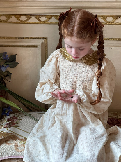Girls Velvet Collar Smocked Dress, Cream & Olive